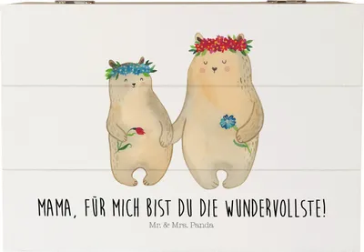 Produktbild von Mr. & Mrs. Panda Truhe Bären mit Blumenkranz 22 x 15 cm - Weiß - Geschenk, Mama, Kiste Deckel, Aufbewahrungsbox aus Holz, Bär, Mutter, Muttertag, schmuckbox, Holzbox, Box
