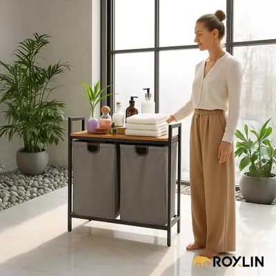 Produktbild von Roxlin Wäschekorb mit 2 Fächern – Wäschesammler mit Deckel & Ablage – Wäsche Sortierer aus Metall – Schmutzwäsche Organizer für Bad, Schlafzimmer