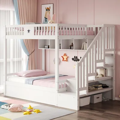 Produktbild von STILVORA Hochbett 140x200 cm mit hydraulischem Stauraum & Treppe, Holzbett mit Regalen & Sicherheitsgeländer, Etagenbett Jugendbett platzsparend für Schlafzimmer und Kinderzimmer, Weiß