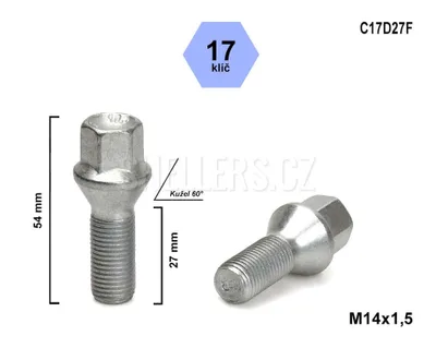 Obrázok produktu pre Skrutka kolesa M14x1,5x27 s kužeľom, kľúč 17, C17D27F, výška 54 mm