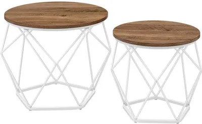 Produktbild von Runde Wohnzimmertische, Set aus 2 Side Tischen, moderner Stil, abnehmbares Tischblatt, stählernes Rahmen, für Wohnzimmer, Holz - Weiß - LET040K41