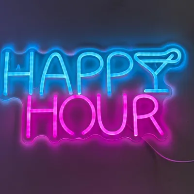 Imagen del producto de Luz LED de neón, lámpara de pared decorativa, "HAPPY HOUR", color azul y rosa, aproximadamente 42 x 22 x 2 cm