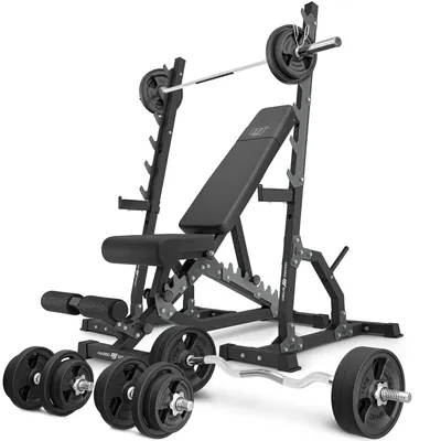 Produktbild von Marbo Sport - Set MS24_2.0_113KG_G | Doppelseitige Bank + Multilevel-Ständer (2 Stück) + Stangen- und Hantelscheiben gummiert Set 113 kg