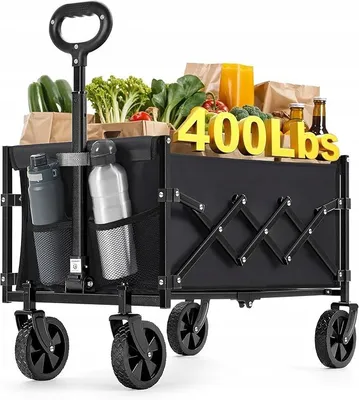 Zdjęcie produktu dla Składany Wóźek Ręczny Ogrodowy Z Uchwytem Z 4 Kołami Nośność 150Kg Czarny