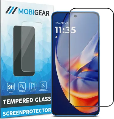 A product shot of a screen protector packaging and the screen protector itself, with a smartphone displaying a lock screen.