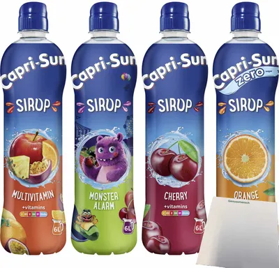 Produktbild von Capri Sun Sirup + vitamins Testpaket (je1x600ml Flasche Orange, Multivitamin, Kirsche, Monsteralarm) + usy Block