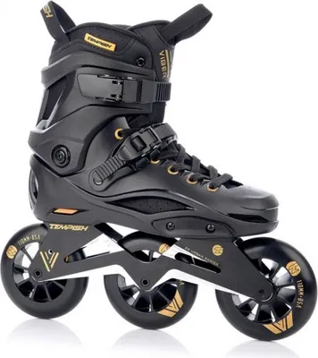 A black and gold inline skate is shown against a white background.