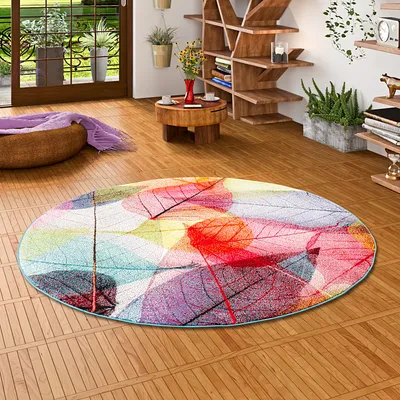 Produktbild von Designer Teppich Faro Tropical Bunte Blätter Rund, Größe:120 cm Rund