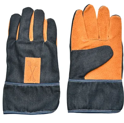Produktbild von Esschert Design Denim Garten Handschuhe Jeans Leder blau Schutz Gartenarbeit