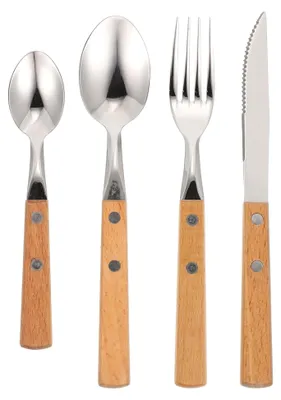 Produktbild von Edelstahl Besteckset mit Holzgriff für Camping und Reisen