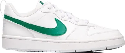 A white Nike Court Vision Low shoe with a green Nike swoosh logo.