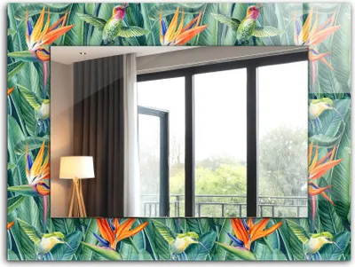 Produktbild von Dekorativer Wandspiegel - Bedruckter Spiegel - Motiv - 80x60 cm - Kolibris Und Blumen