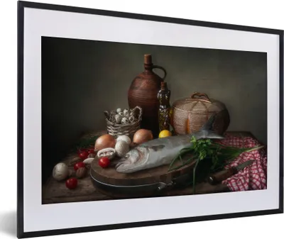 Produktbild von MuchoWow® Gerahmtes Poster Rustikal - Fisch - Stilleben - Gemüse - Kräuter 60x40 cm - Poster mit Schwarzem Bilderrahmen Wandposter Rahmen Foto Bilder - Schlafzimmer - Plakat in Rahmen - Drucken