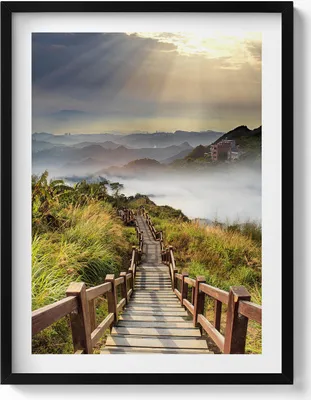 Produktbild von Blick auf eine Treppe in den Bergen– Wandbild mit Rahmen – Gerahmtes Bild  – Wanddekoration – 60x80 cm –  Schwarz Rahmen