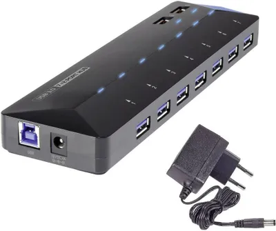 A black USB hub with multiple ports and a power adapter are shown on a white background.