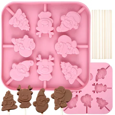 Immagine prodotto di Stampo in silicone per cioccolato a tema natalizio, con 8 motivi diversi e 20 stecchini, dimensioni 14,5 cm