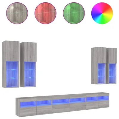 Produktbild von vidaXL 7-tlg. TV-Wohnwand mit LED-Leuchten Grau Sonoma