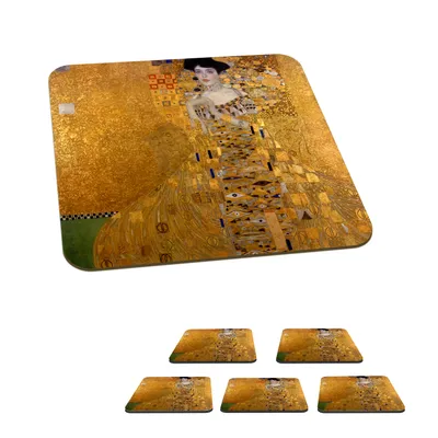 Produktbild von KitchenYeah® Glasuntersetzer Quadratisch 6er Set Porträt von Adèle Bloch-Bauer I - Gemälde von Gustav Klimt 10x10 cm Untersetzer für Gläser - Getränkeuntersetzer - Tischplattenschutz - Tischuntersetz
