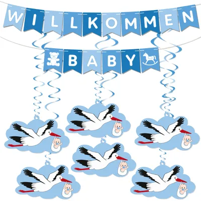 Produktbild von BRUBAKER Willkommen Baby Girlande für Jungen - Wimpelkette mit Storch Anhängern - Deko Set für Zuhause, Babyparty und Babyzimmer Dekoration, Blau