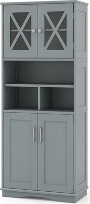 Produktbild von Badezimmerschrank, hoher Badschrank mit 2 Schränken & 3 Fächern & 4 Türen, mit verstellbaren Einlegeböden, mit Kippschutz, 145 × 60 × 30 cm, Grau