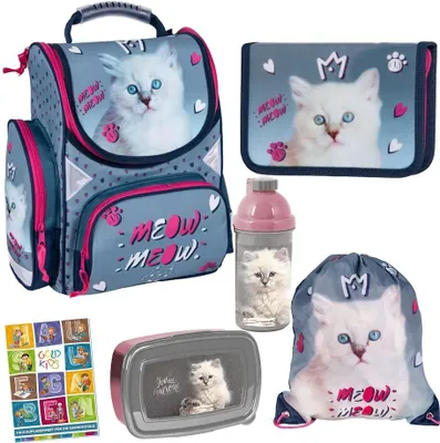 Produktbild von Goldkids Schulranzen Katze Cat Motiv ergonomischer Ranzen Federmappe Turnbeutel Brotdose Trinkflasche Aufgabenheft für die Grundschule 6er Set. Geeignet ab der ersten Klasse der Grundschule.
