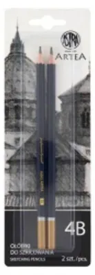 A blister pack of two sketching pencils with a background image of a building.
