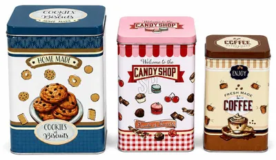 Produktbild von 3er-Set Metall-Aufbewahrungsdosen – Kekse, Süßigkeiten & Kaffee – Retro-Küchendosen mit Deckel – Klein, Mittel, Groß