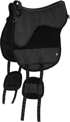 A black horse saddle pad with straps and stirrups, shown against a white background.