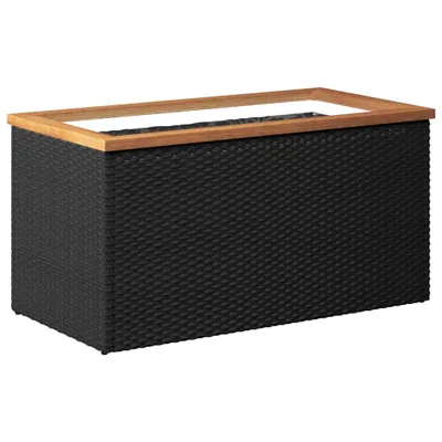 A black poly rattan planter with a wooden frame and a clear glass top, shown against a white background.
