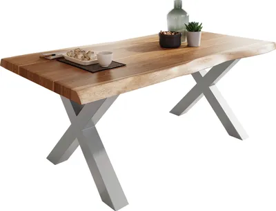 Produktbild von Esstisch Baumkante massiv Akazie Natur 160 x 85 X-Gestell silber ATLAS