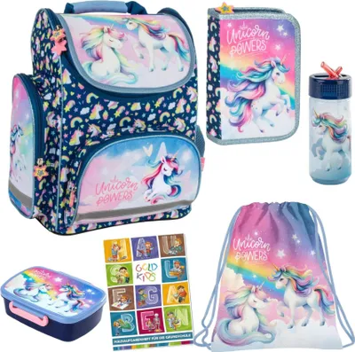Produktbild von Goldkids - Schulranzen für Jungen und Mädchen, 6er-Set - Schul-Rucksack für Kinder mit Federmäppchen - Schuhbeutel Trinkflasche und Brotdose - Einhorn