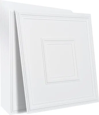 A stack of white ceiling tiles with a raised square pattern.