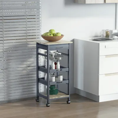 Image de Chariot de service desserte de cuisine š€ roulettes panier + 2 plateaux amovibles, tiroir, šŠtagššre en bois chšºne clair