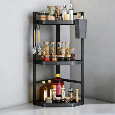 Produktbild von Verstellbares Eckregal mit 3 Ebenen für die Küche, 60 cm extra groß, Standregal für die Arbeitsplatte, wandmontiertes Gewürzregal, Eckregal aus Edelstahl, Standorganizer für Küche und Bad.