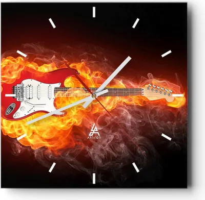 Produktbild von Wanduhr - Quadrat - Glasuhr - Flammen Gitarre Instrument - 40x40cm - Schleichendes Uhrwerk - Lautlos - zum Aufhängen bereit - Dekoration Modern - Wanddekoration aus Glas - C3AC40x40-0196
