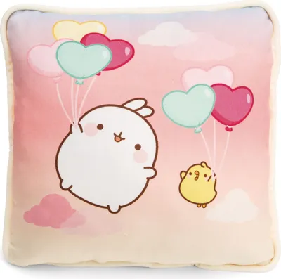 A cute plush pillow with cartoon characters of a bunny and a chick floating with balloons against a gradient pink and yellow sky with clouds.