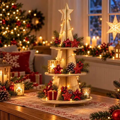 Productafbeelding van Kersttafel: Houten etagère met 3 niveaus, serveerstandaard, kerstdecoratie, hoogte 60 cm
