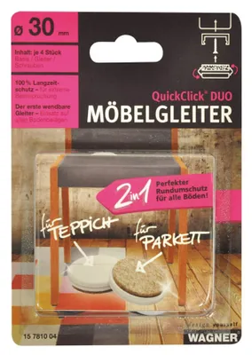 Produktbild von WAGNER QuickClick® Filzgleiter & Kunststoffgleiter 2in1 DUO - zum Schrauben, je 4x Basis, Schraube, Einsatz Ø 30 mm, DE Ware - 15781004