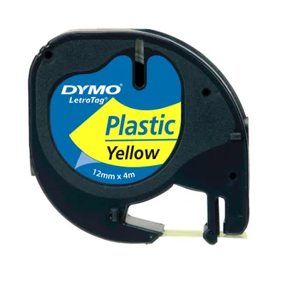 Produktbild von DYMO Original LetraTag Etikettenband | schwarz auf gelb | 12 mm x 4 m | selbstklebendes Kunststoffetiketten | für LetraTag-Beschriftungsgerät, Schwarz auf gelb, Polyester, Belgien, DYMO, LetraTag 100T, LetraTag 100H, 1,2 cm