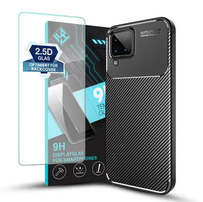 Produktbild von Handy Hülle für Samsung Galaxy A12 mit 9H Displayglas Displayschutz Carbon Look Cover Case Schutzhülle Farbe: Schwarz
