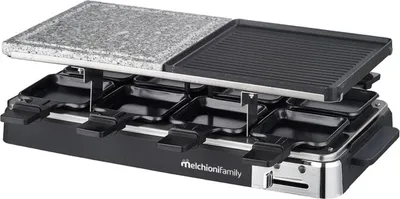 A black and stainless steel raclette grill with a granite and grill plate on top, and multiple small pans underneath.