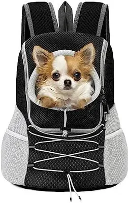 Produktbild von Pawaboo Haustier-Hunde-Fronttrage-Rucksack, Belüfteter Mesh-Welpenrucksack | Mit Verstellbaren Gurten, Aufbewahrungstaschen, Für Reisen Wandern Radfahren Outdoor-Abenteuer, Schwarz + Grau, M