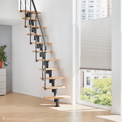 Produktbild von Mittelholmtreppe Intercon Alpha | Raumspartreppe mit 12 Stufen | Metallfarbe: Lava-Anthrazit | Stufendesign: Buche natur