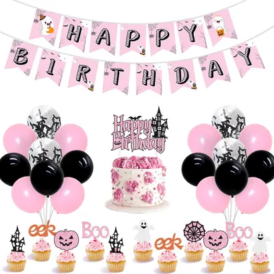 Obrázek produktu pro Růžová černá Halloween narozeninové dekorace - Happy Birthday Banner Baby Ghost Bat Balónky - Halloween Glitter Cake Topper Dekorace Set