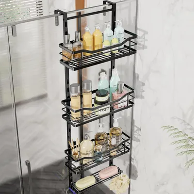 Image de Étagère de douche suspendue, en acier inoxydable noir, réglable, avec 4 niveaux, sans perçage