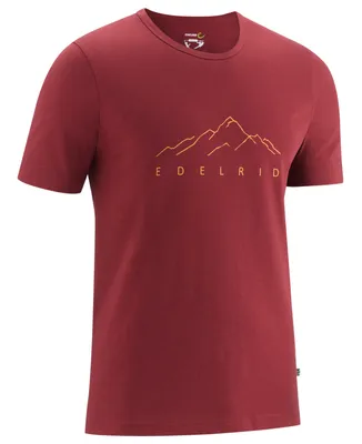 Rotes T-Shirt Highball IV von Edelrid mit Bergmotiv und Logo auf der Vorderseite.