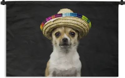 Produktbild von MuchoWow® Wandteppich Wandbehang Hund - Sombrero - Schwarz 120x80 cm Tapisserie Dekoration Wandtuch - Wanddekorationen - Wandtücher