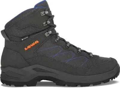 A single grey hiking boot with blue stitching and orange branding is shown against a white background.