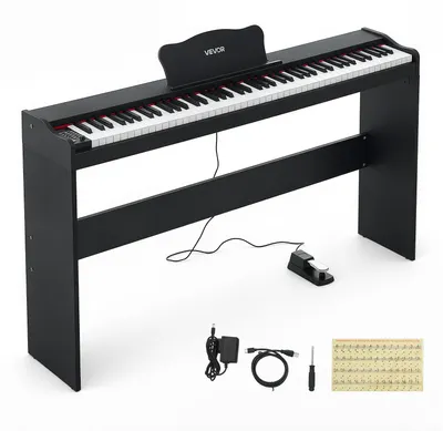 Obrázek produktu pro VEVOR Digitální piano s 88 klávesami s poloviční váhou, s kvalitními reproduktory, černé barvy. Ideální elektronické piano pro začátečníky, s 600 zvuky, 600 rytmy, USB, MIDI, standardním 3,5mm jackem pro sluchátka, notovým stojanem a pedálem
