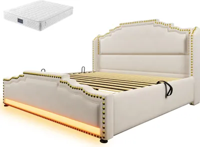 Produktbild von Doppelbett Ohne Matratze 140x200cm Beige Stauraumbett Mit Matratze Hydraulischer Stauraum LED-Beleuchtung USB-C-Ladeanschluss Polsterbett Samt